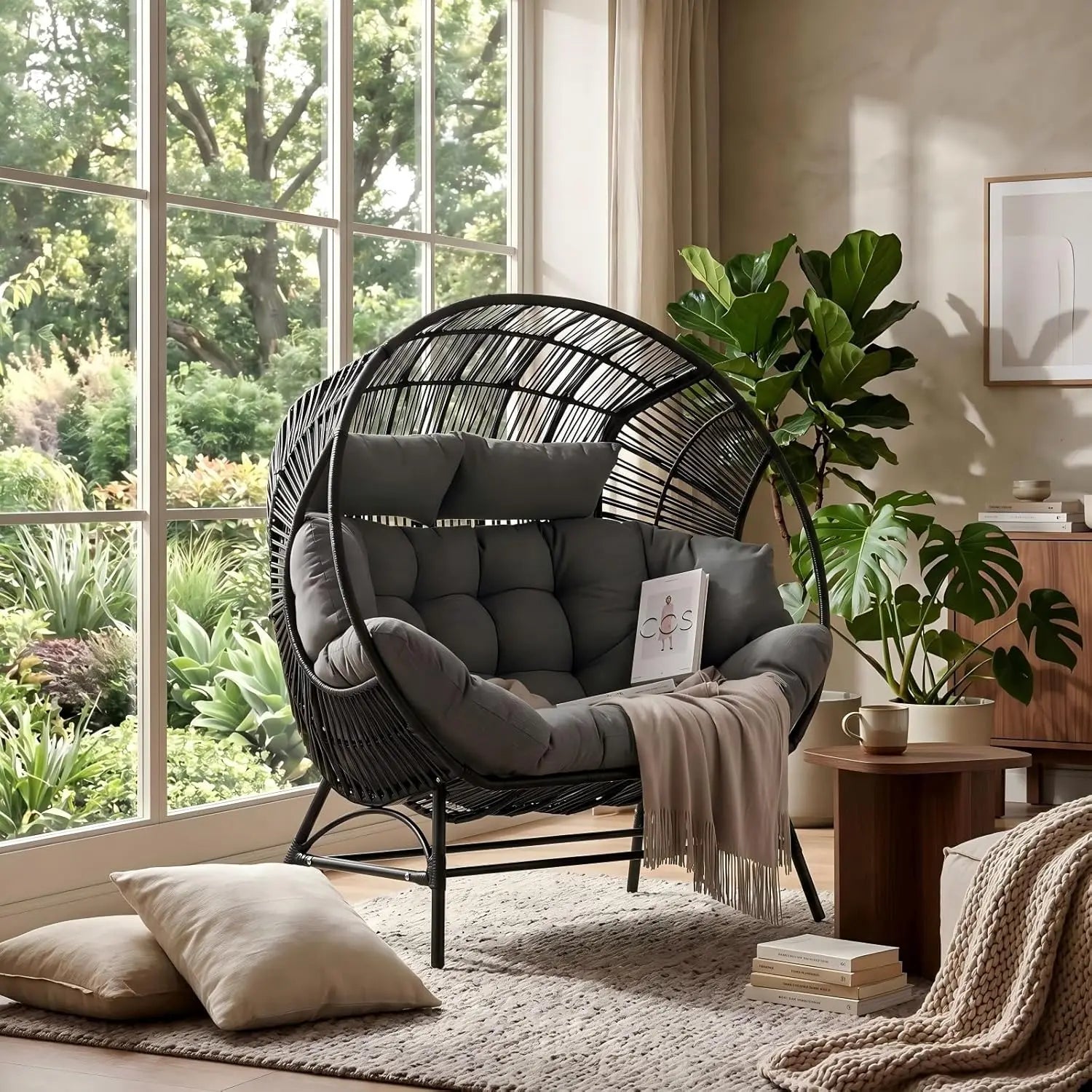 Outdoor Round Egg Chair with Armrest, Double Lounge Chair with Cushions & Headrests, Wicker Patio Backyard Seat, Black, Custom