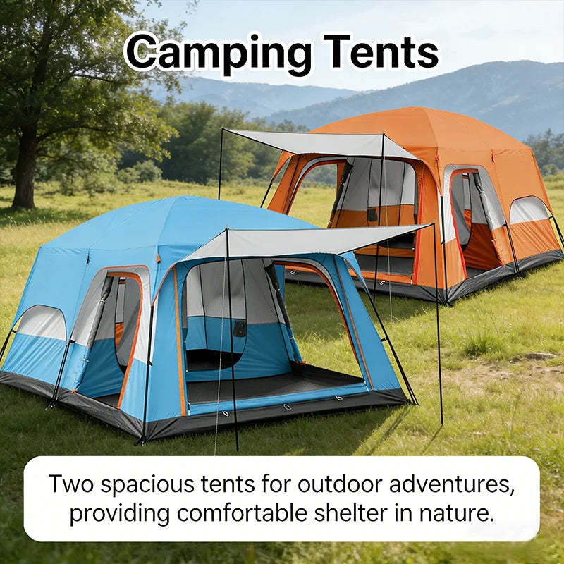 4/8/12-person outdoor family camping tent with a removable awning; spacious interior accommodates multiple people; multiple mesh windows provide ventilation and keep out mosquitoes; windproof, waterproof, and UV-resistant; su