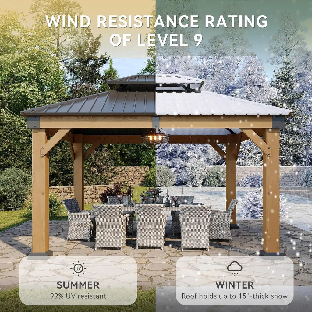 Gazebo en bois d'extérieur, toit rigide, pavillon permanent, acier galvanisé, double toit, patio, jardin, terrasse, cèdre naturel, sur mesure