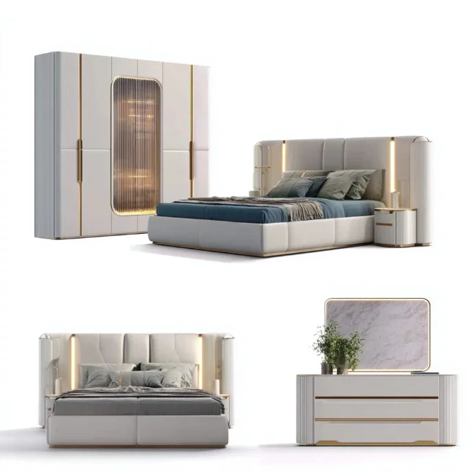 # Ensembles de chambre à coucher en cuir de luxe, lit double moderne avec rangement, pour appartement et hôtel, ensemble de meubles de chambre king size