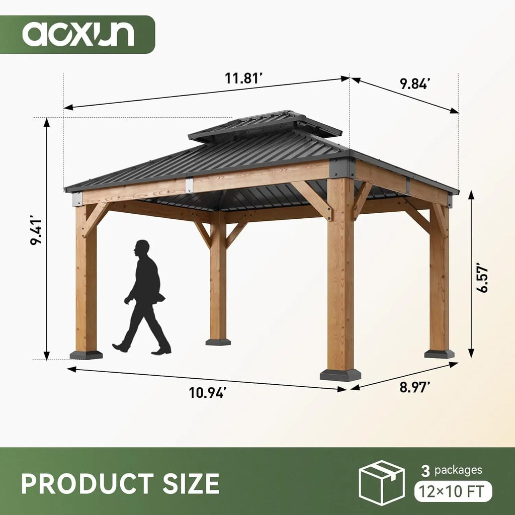 Gazebo en bois d'extérieur, toit rigide, pavillon permanent, acier galvanisé, double toit, patio, jardin, terrasse, cèdre naturel, sur mesure