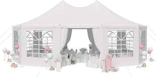 26'x19' Party Tent, White Wedding Tent, Decagonal Heavy Duty Canopy with 8 Removable Sidewalls, 8 Church Windows and 2 Pull-Bac