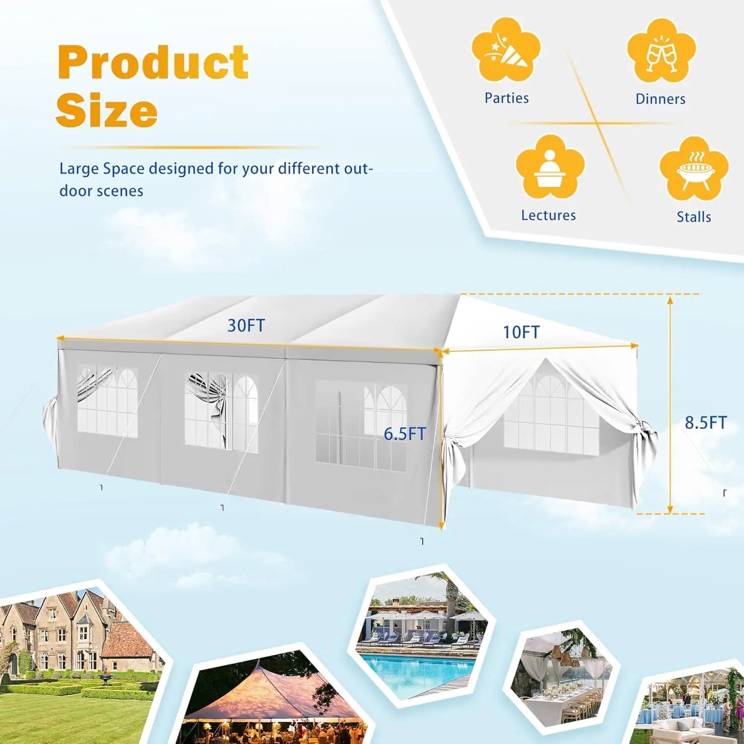 Tonnelle de réception robuste 10'x30' – Chapiteau de mariage imperméable avec parois latérales amovibles et 2 portes – Parfait pour, personnalisable