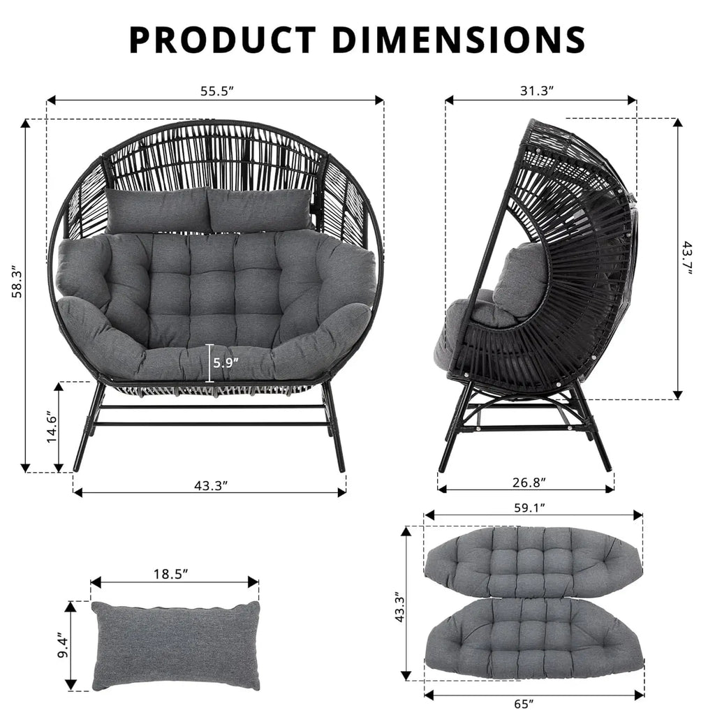 Outdoor Round Egg Chair with Armrest, Double Lounge Chair with Cushions & Headrests, Wicker Patio Backyard Seat, Black, Custom