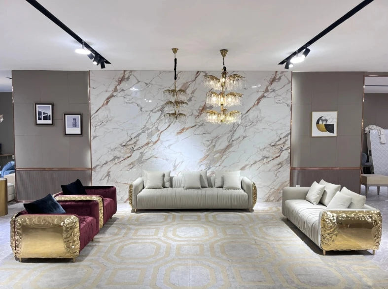 mz-Luxury Furniture Italian High-end Luxury Gold Stainless Steel Pattern Sofa Couch Living Room Sofa for Villa~