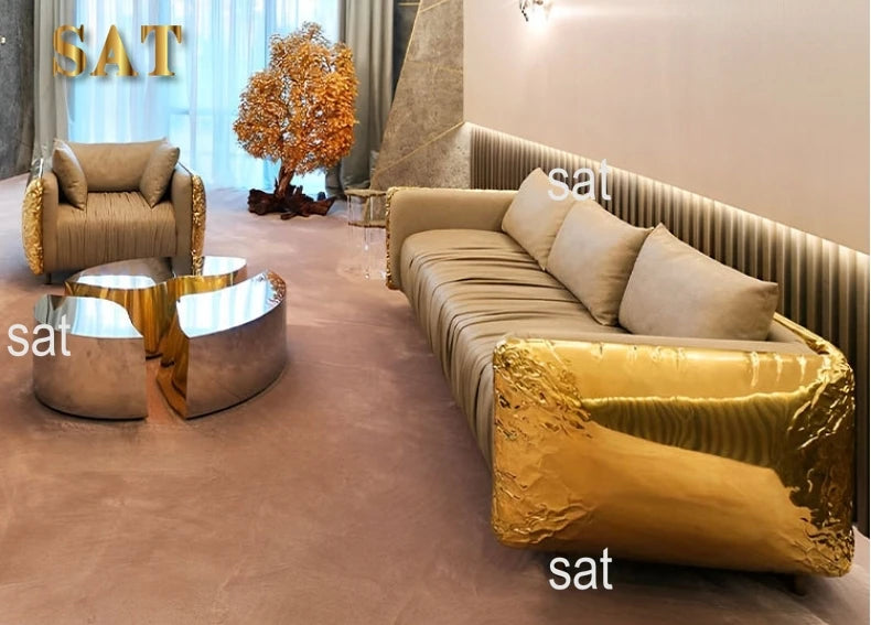 mz-Luxury Furniture Italian High-end Luxury Gold Stainless Steel Pattern Sofa Couch Living Room Sofa for Villa~