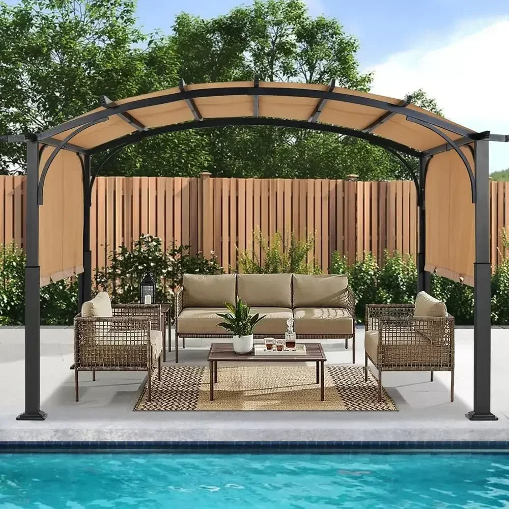 10x12ft Arched Outdoor Pergola with Beige Retractable Canopy
