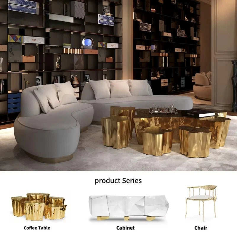 Luxurious Leisure Leather Curved Sofa with Brass Base Couch Elegance Living Room Set Villa Whole House Furniture Customization