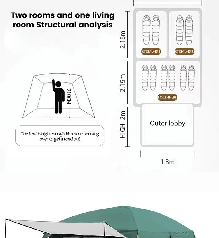 Outdoor Camping Family Tent 3-12 Person Double Layers Oversize 2 Rooms Thickened Rainproof Outdoor Family Camp Tour Equipment