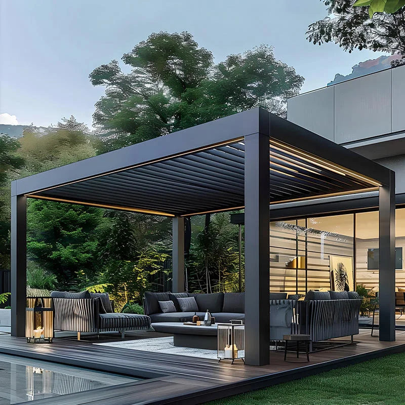Electric Adjustable Bioclimatic Louvered Motorized Aluminous Waterproof Outdoor Living Garden Pergolas Gazebo Sunroom Pavilion
