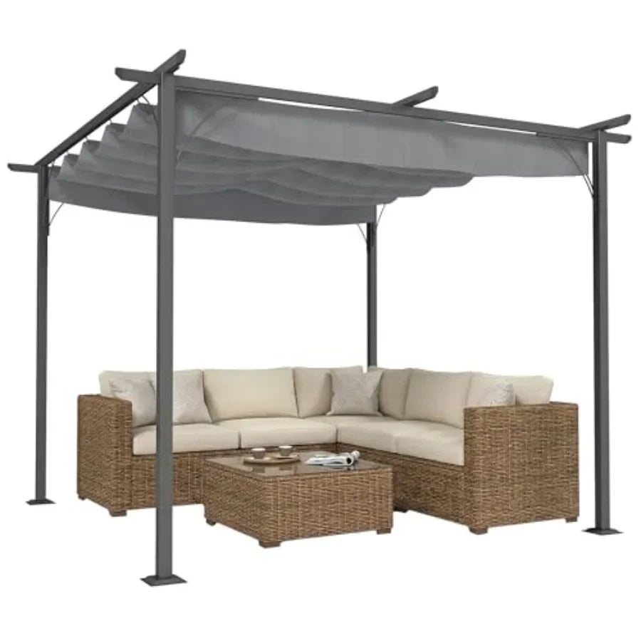 10' x 10' Outdoor Retractable Pergola  Metal Patio Shade Shelter for Backyard Porch Party Garden Grill Gazebo Gray