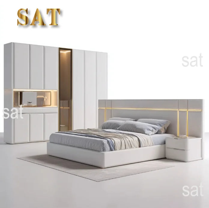 # Ensembles de chambre à coucher en cuir de luxe, lit double moderne avec rangement, pour appartement et hôtel, ensemble de meubles de chambre king size
