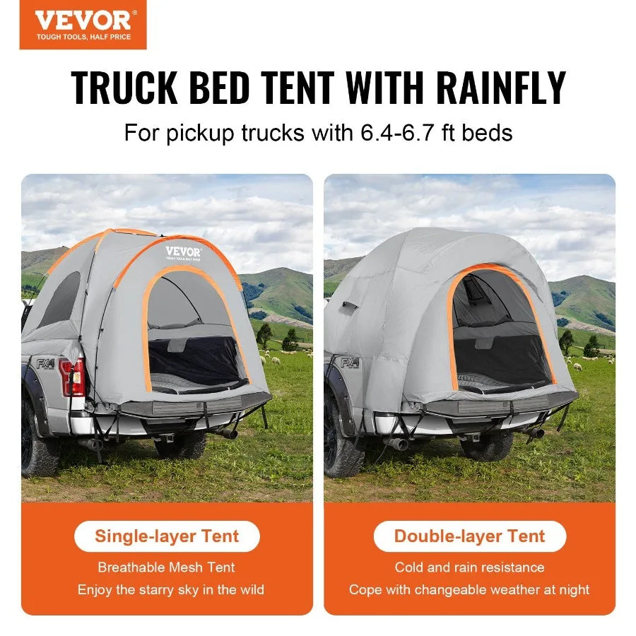 Truck Bed Tent 6.4-6.7ft for Pickup Truck with Rain Layer and Carry Bag Waterproof PU2000mm Double Layer Tent in Black Fits 2-3