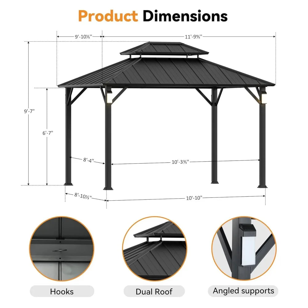 Hardtop & Permanent, Gazebo, 4 LED Lights & Galvanized Steel Frame, Modern Outdoor, 10'x12', Custom