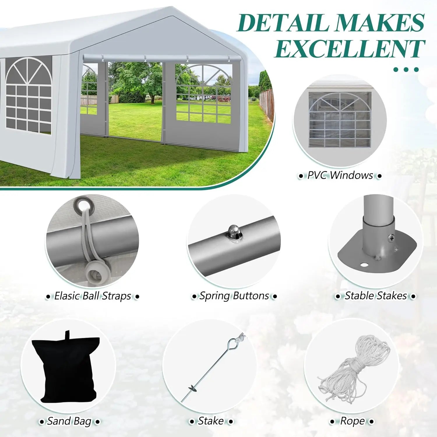 Tonnelle de réception et abri pour voiture 20' x 20' - Gazebo de mariage extérieur robuste avec 4 sacs de sable, abri événementiel, personnalisable