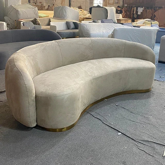 Modern Living Room Sofa Set Soft Velvet Curved Sofa With Brushed Gold Metal Base