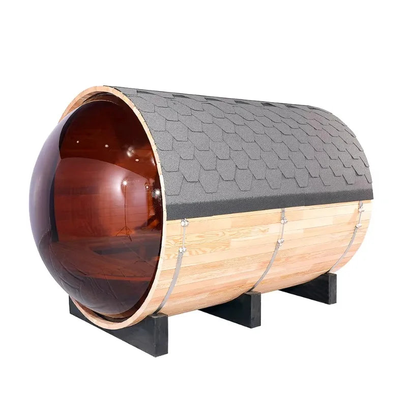 Sauna extérieur en cèdre rouge canadien pour 6 personnes avec vue panoramique et véranda.