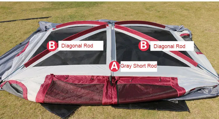 Outdoor Tent 2 Rooms Double Layer Family Camping Party 8-12 Persons Waterproof Windproof Top Rainfly Mesh Windows Portable Bag