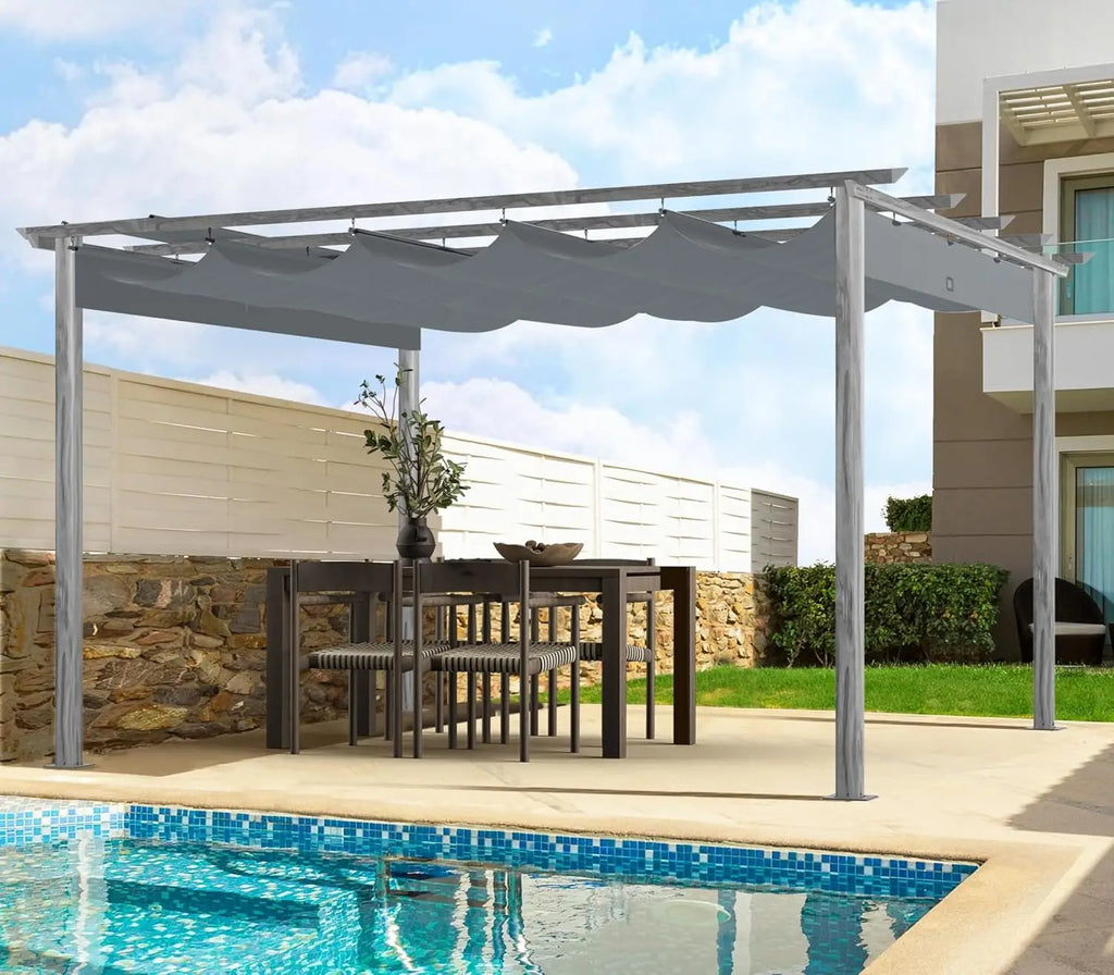 10' X 13' Outdoor Retractable Pergola Canopy for Deck, Backyard, Patio, Aluminum Pergola with Sun Canopy, Includes Ground Studs
