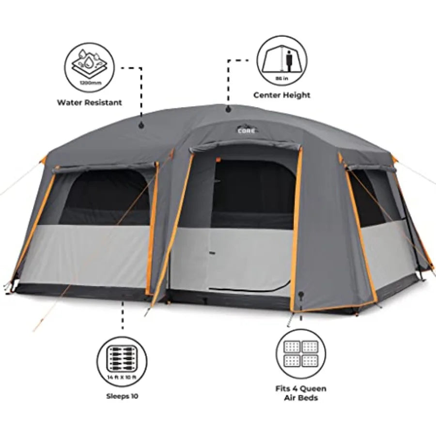 Family camping tent for 10-12 persons, multi-room cabin design, polyester fabric, gray-green color, waterproof and quick-setup