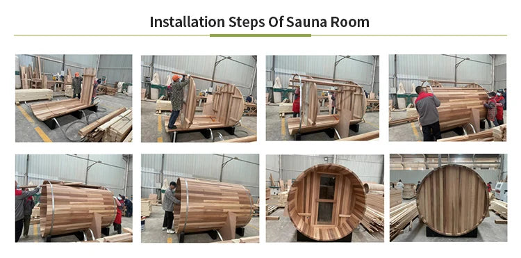 Sauna extérieur en cèdre rouge canadien pour 6 personnes avec vue panoramique et véranda.
