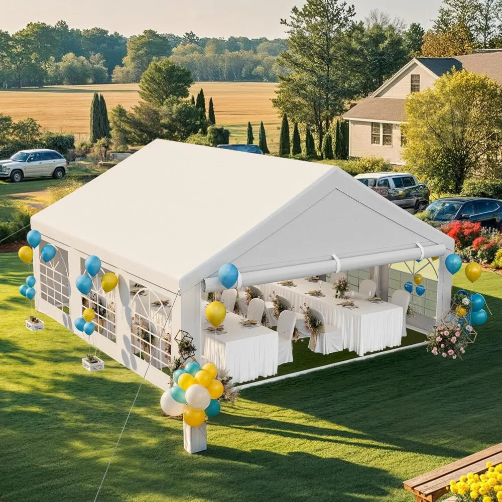 20x20FT Heavy Duty Party Tent Wedding Event Shelters Outdoor Upgraded Galvanized Canopy with Large White Roof, Removable PVC Si