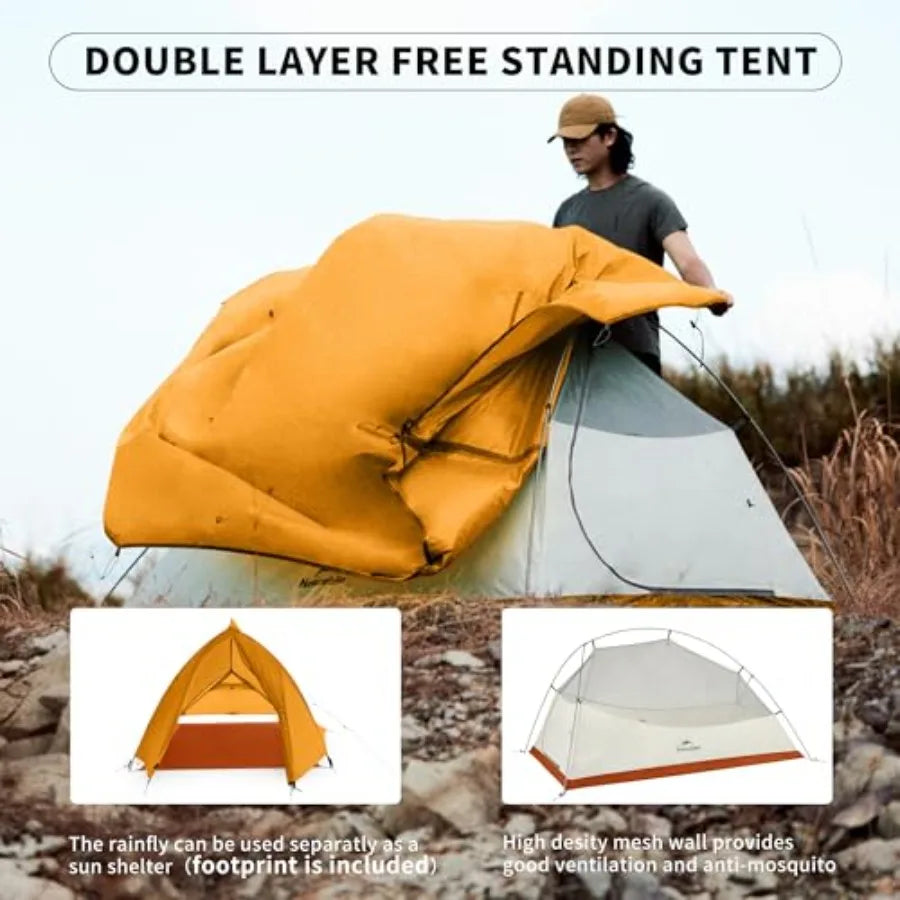 Backpacking tent for 2 persons, ultralight nylon with waterproof coating, gray color, freestanding design with included footpri
