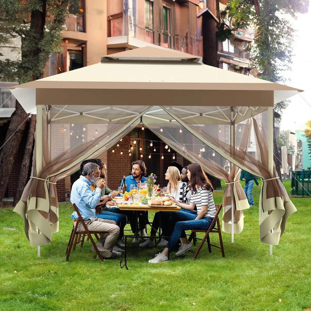 Gazebo 3.3x3.3m Waterproof Stable Pop Up Folding Gazebo, Adjustable Garden Gazebo with 4 Mosquito Net Side Panels & Double Roof