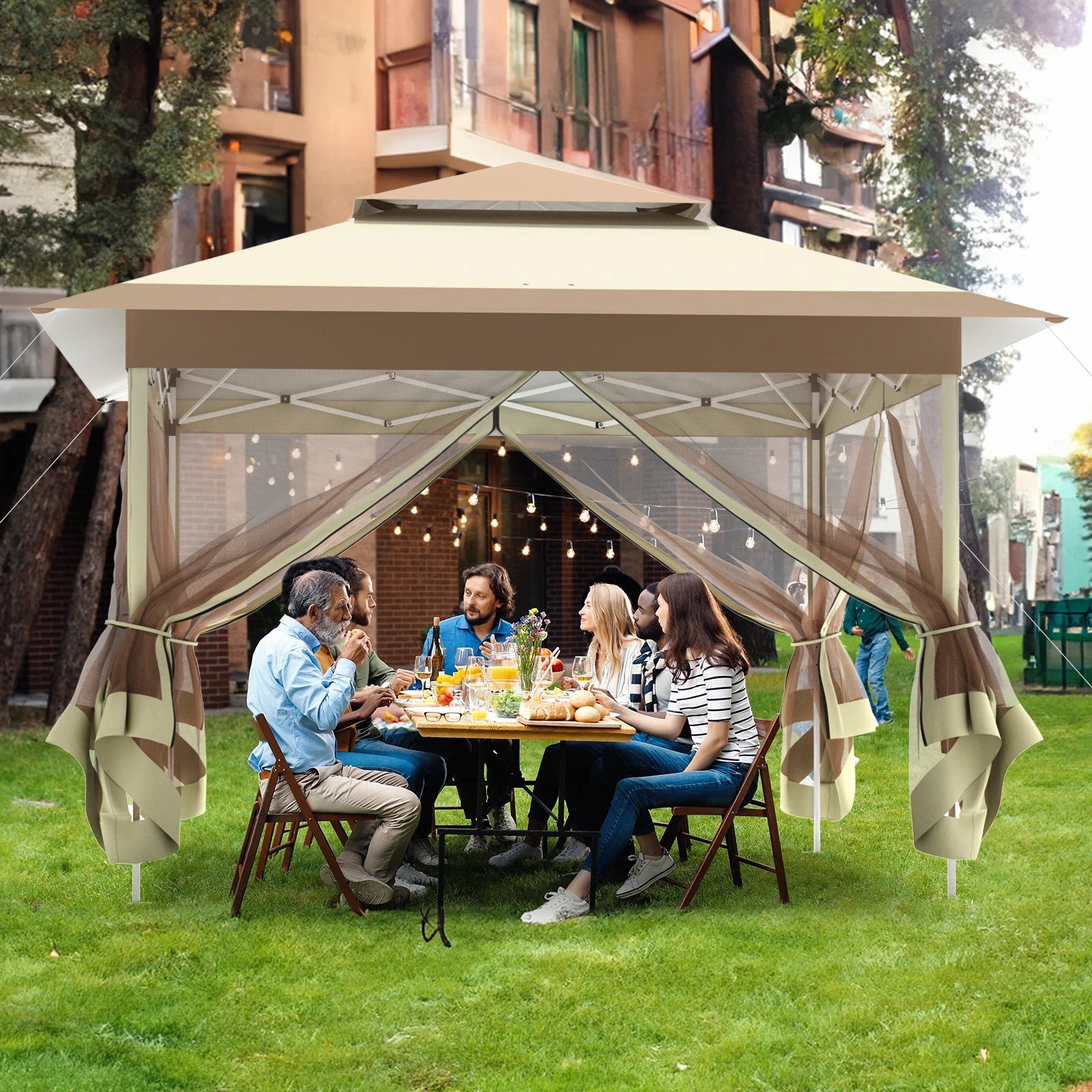 Gazebo 3.3x3.3m Waterproof Stable Pop Up Folding Gazebo, Adjustable Garden Gazebo with 4 Mosquito Net Side Panels & Double Roof