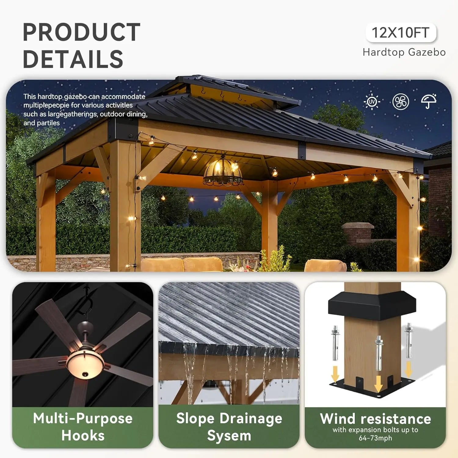 Gazebo en bois d'extérieur, toit rigide, pavillon permanent, acier galvanisé, double toit, patio, jardin, terrasse, cèdre naturel, sur mesure