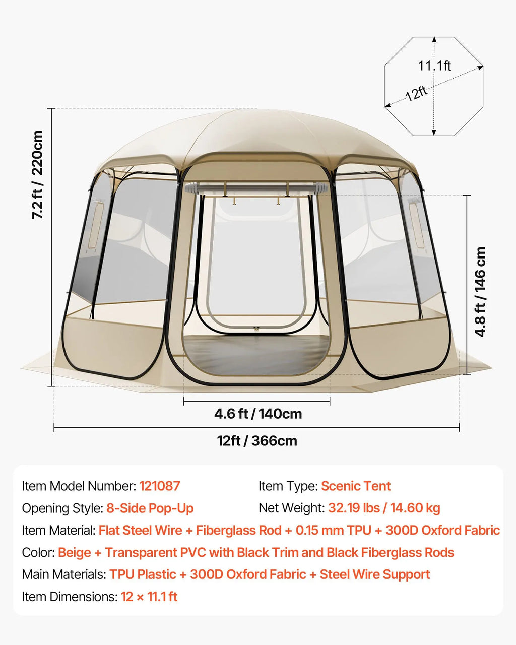 Pop-up bubble tent, 366 x 345 x 220 cm, transparent camping tent, garden dome igloo tent with windows, sports tent, 540° panoramic view, for 10-12 people, terrace, backyard