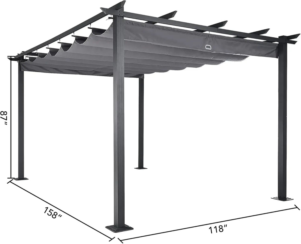 10' X 13' Outdoor Retractable Pergola Canopy for Deck, Backyard, Patio, Aluminum Pergola with Sun Canopy, Includes Ground Studs