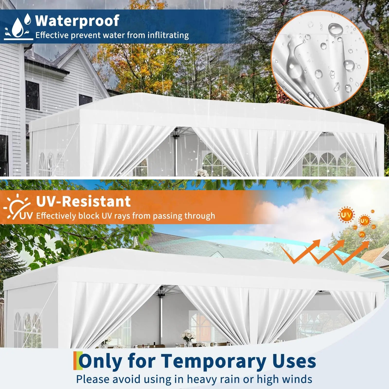 Tente pop-up 10x20 pieds, abri imperméable robuste avec 6 parois latérales amovibles, gazebo portable blanc pour fêtes, mariages, camping, jardin