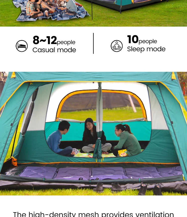 Outdoor Camping Tent for 3-12 People, Double Layers, Oversized 2 Rooms, Thickened, Rainproof, Waterproof Family Tent, Large Tent