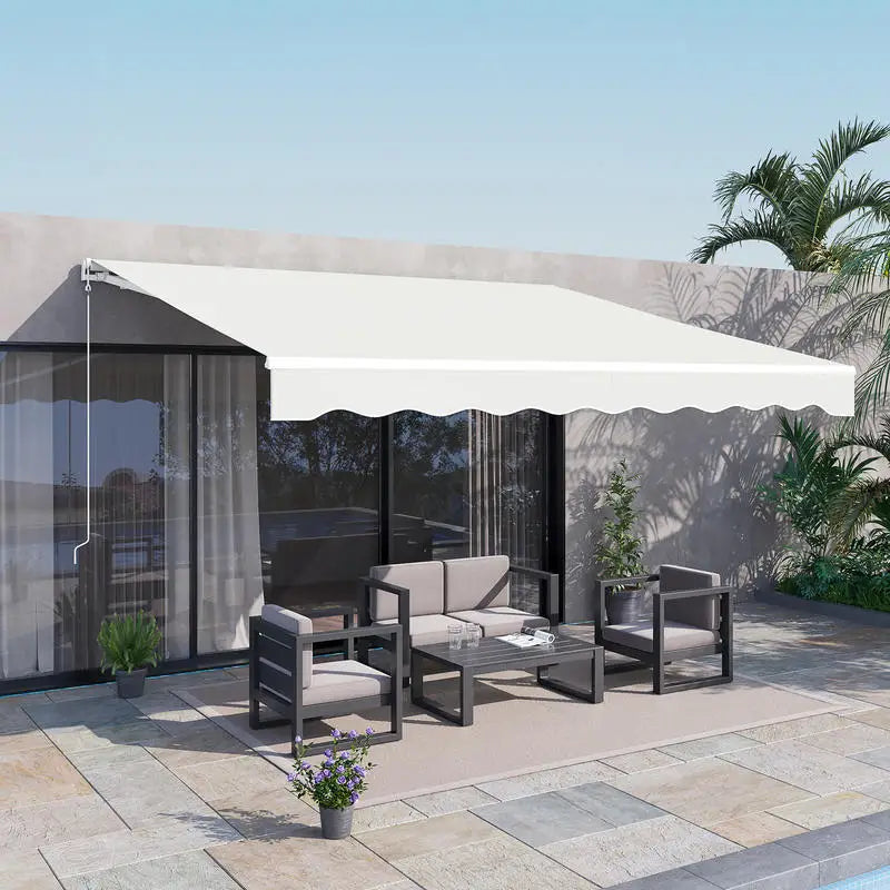 12' x 10' Electric Awning, Retractable Awning, UV Protection Sun Shade Shelter with Remote Controller and Manual Crank Handle for Deck, Balcony, Yard, Cream White
