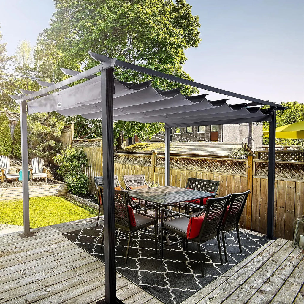 10' X 13' Outdoor Retractable Pergola Canopy for Deck, Backyard, Patio, Aluminum Pergola with Sun Canopy, Includes Ground Studs