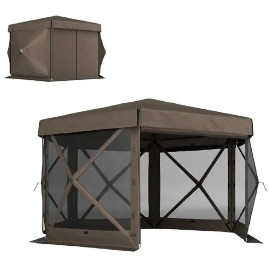 12' x 12' Hexagonal Pop Up Gazebo  Tent with 5 Sidewalls Waterproof Portable Outdoor  Shelter in Beige with Curtains Carry Bag