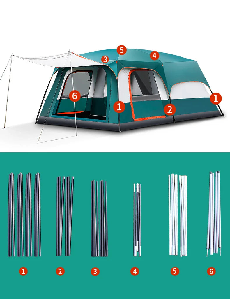 OEM Custom Two Rooms One Hall Straight Wall Large Glamping Camping Tents 8 10 12 Persons Waterproof Outdoor Family