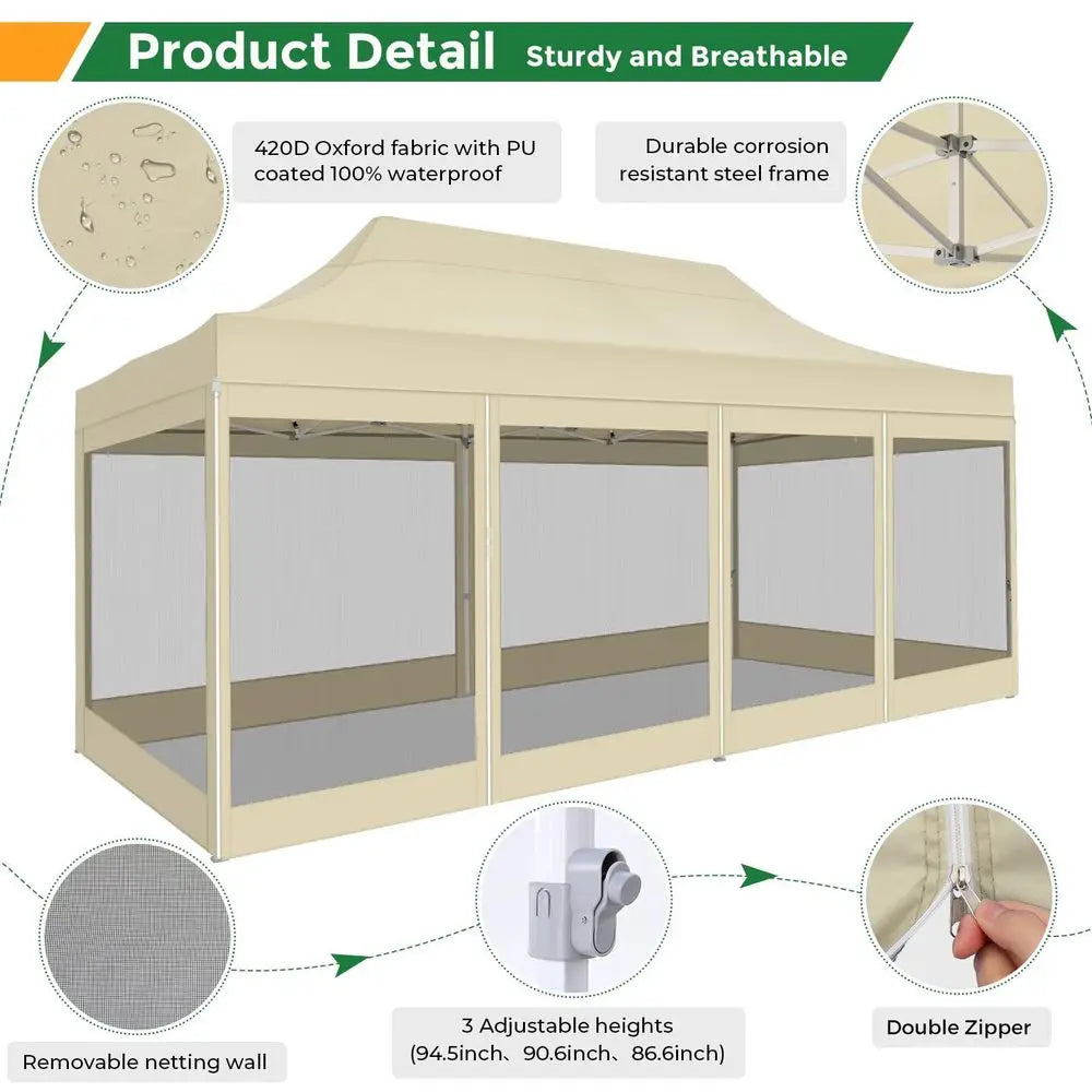 10x20 Heavy Duty Pop  Canopy Tent with 6 Sidewalls, Easy Set  Outdoor Waterproof Screen Commercial Party Tent with Mosquito