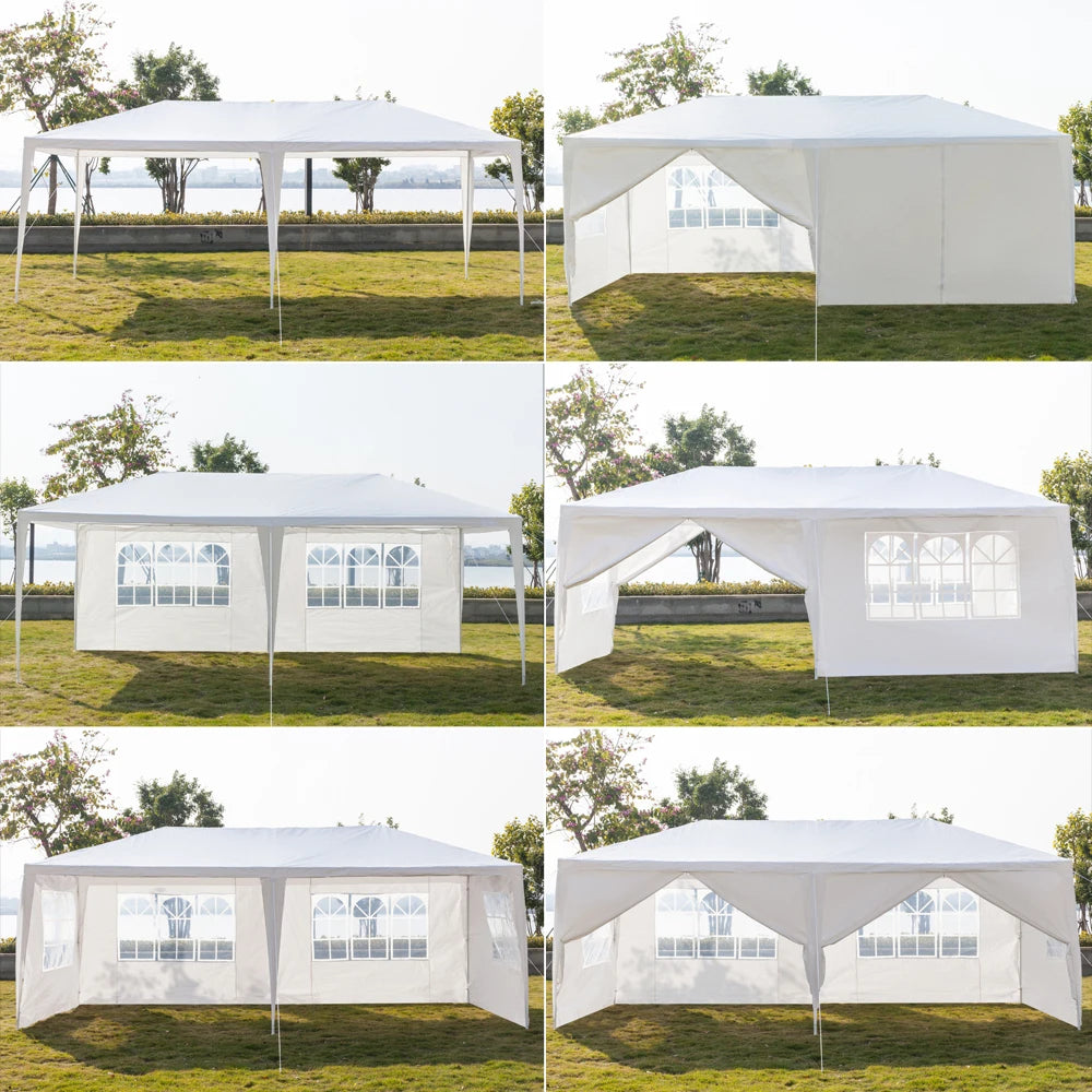 Tente de réception blanche 10'x20' avec 6 parois latérales amovibles, en tissu PE et structure en fer, gazebo d'extérieur imperméable avec fenêtres pour mariages, événements en plein air, abri de patio, usage commercia