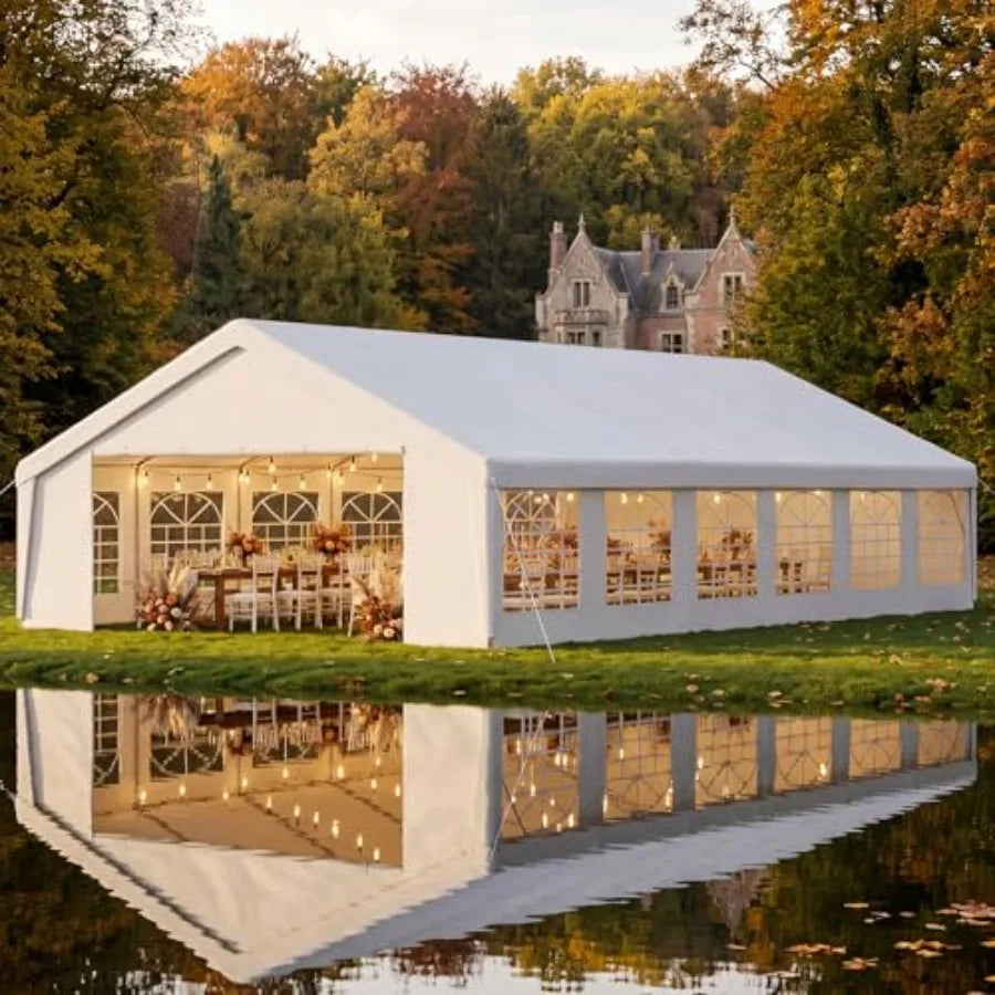 20x40 Party Tent Canopy for Weddings: Waterproof white polyester canopy with heavy-duty steel frame, removable sidewalls roll-u