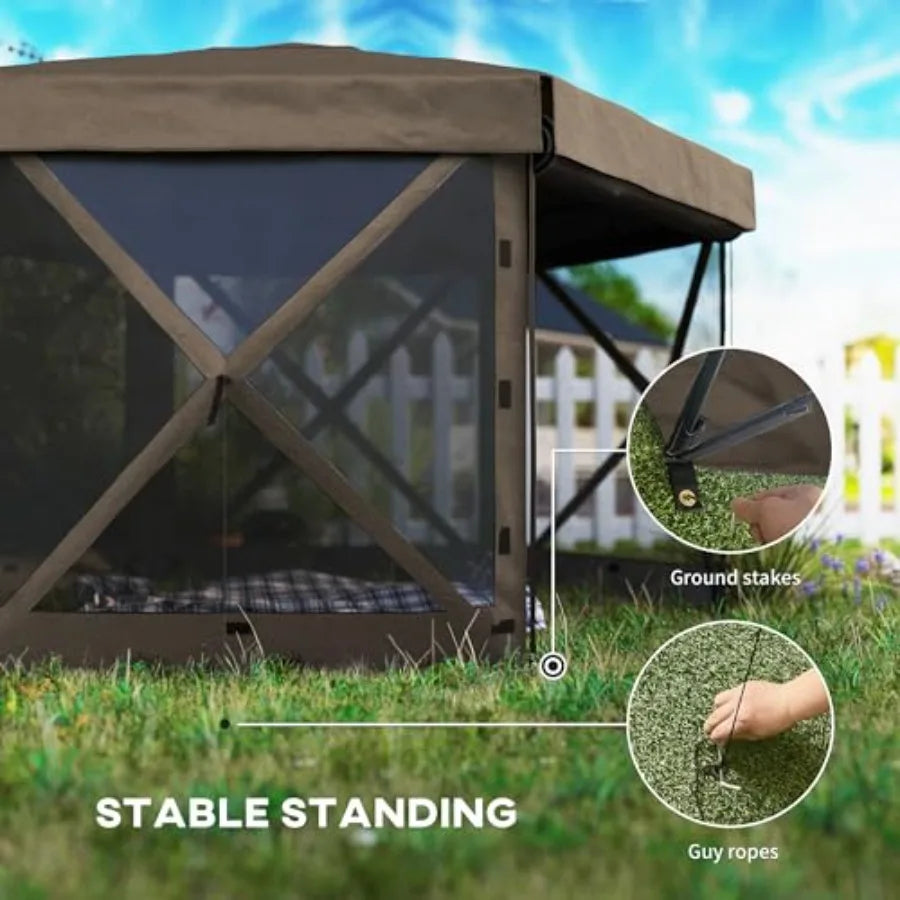 12' x 12' Hexagonal Pop Up Gazebo  Tent with 5 Sidewalls Waterproof Portable Outdoor  Shelter in Beige with Curtains Carry Bag