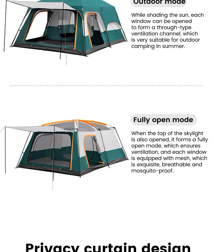Outdoor Camping Tent for 3-12 People, Double Layers, Oversized 2 Rooms, Thickened, Rainproof, Waterproof Family Tent, Large Tent
