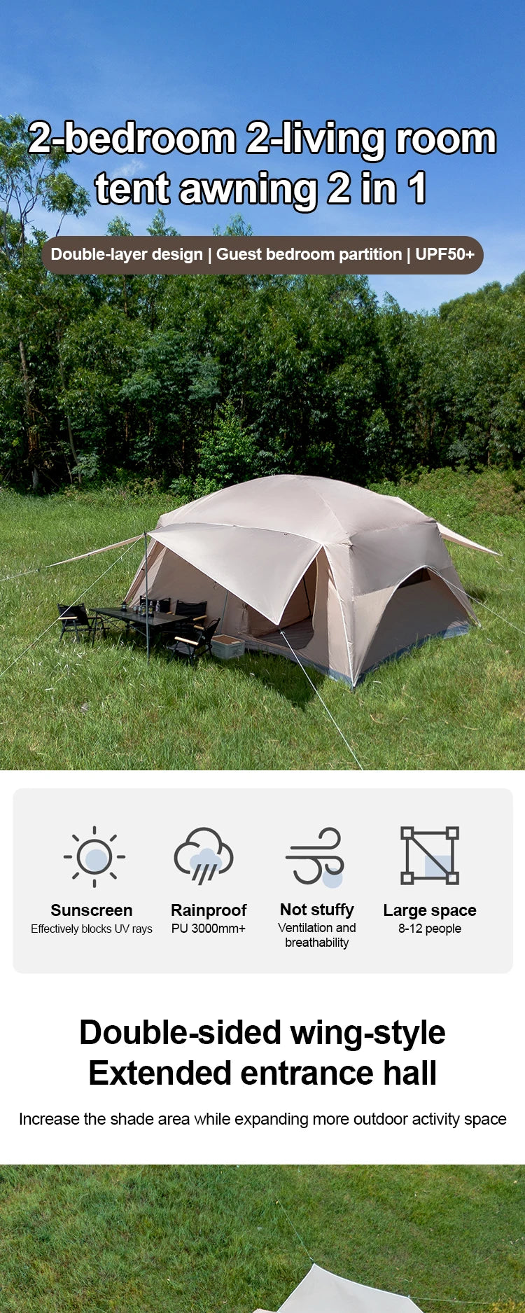 2025 8-12 P Family Camping Tent Extra Large Waterproof Windproof 2 Room Tent with Sun Protection Carry Bag Easy Setup Outdoor
