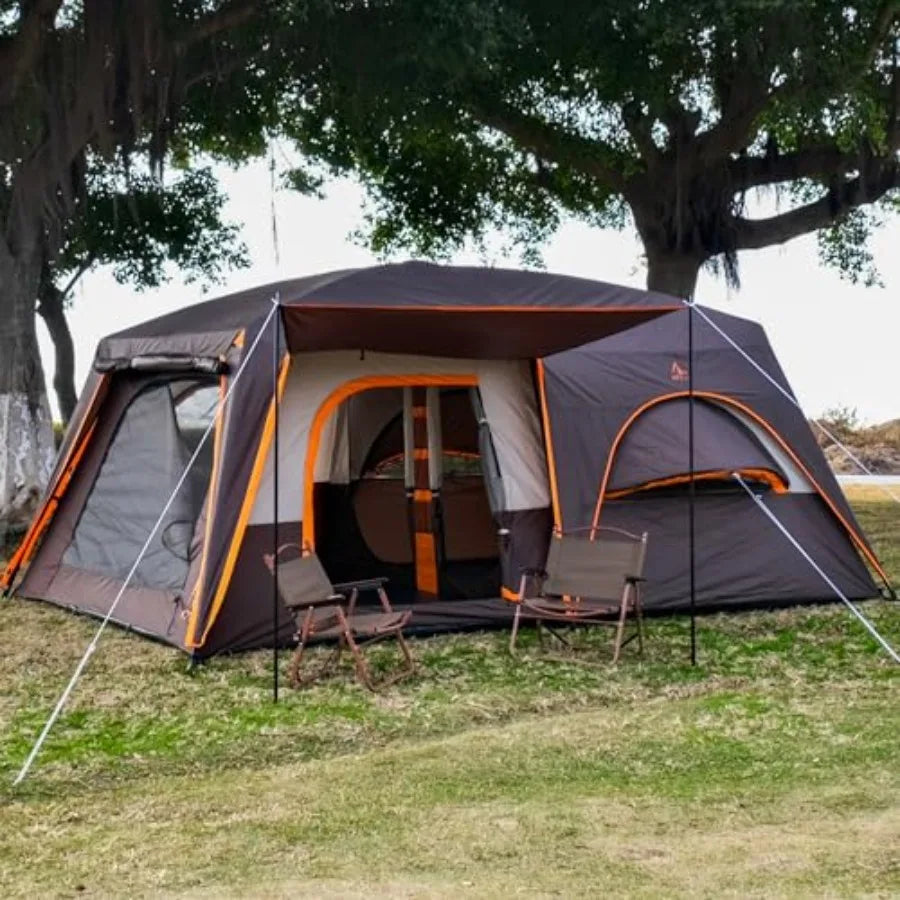 Extra Large Tent 12-14 Person, Family Cabin Tents, 2 Bay-Windows, 2 Rooms and 3 Doors 3 Windows with Mesh, Waterproof, Straight