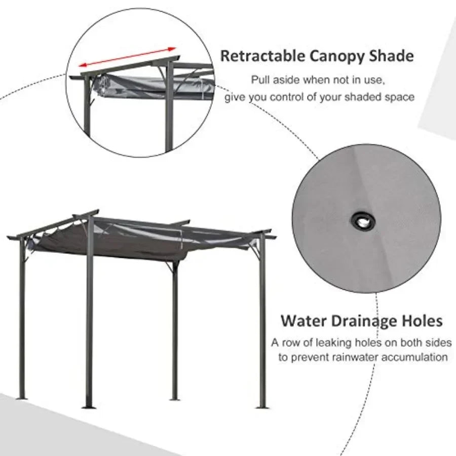 10' x 10' Outdoor Retractable Pergola  Metal Patio Shade Shelter for Backyard Porch Party Garden Grill Gazebo Gray