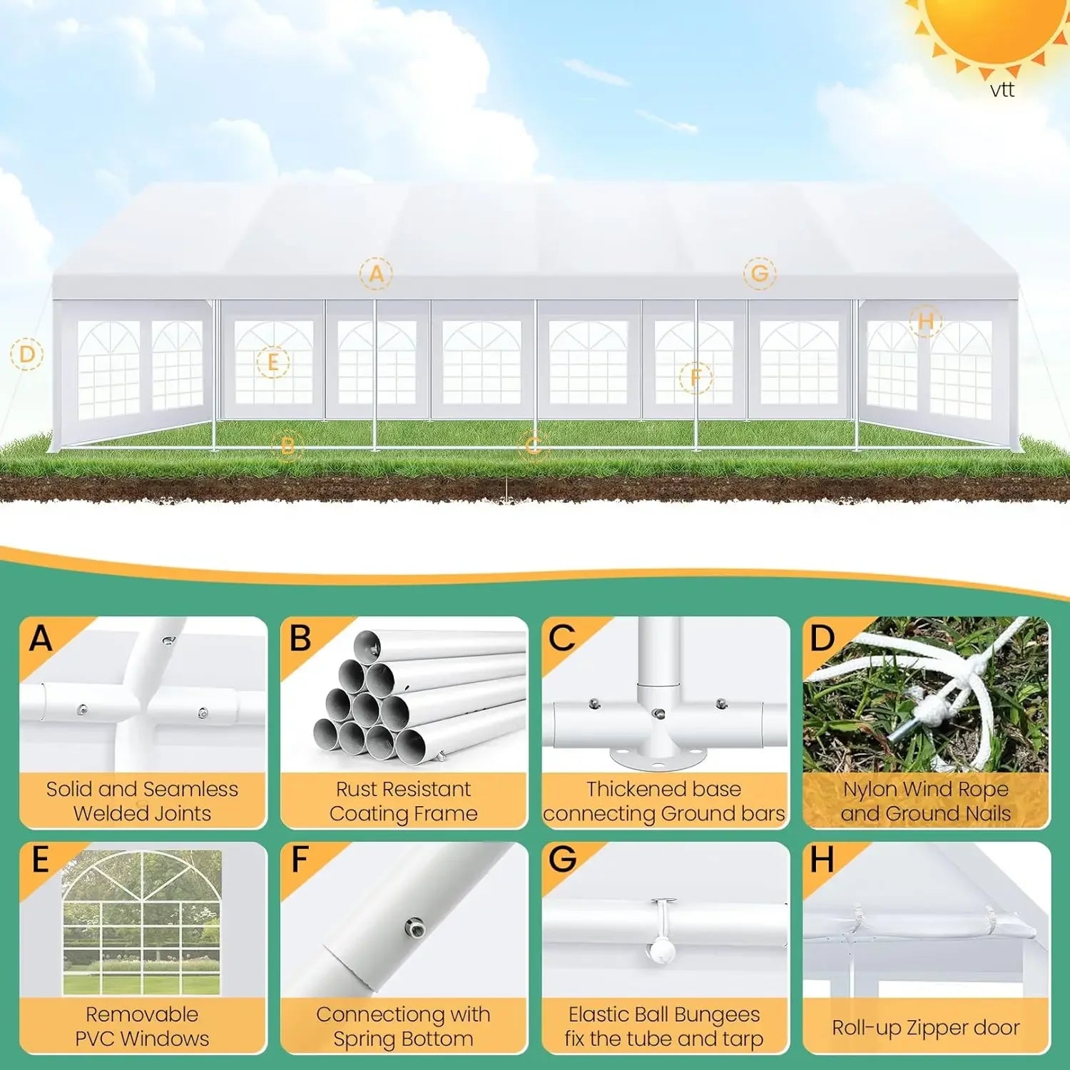 20x40 Party Tent Heavy Duty, Party Tents with 8 Removable Sidewalls & 4 Built-in Sandbags, White