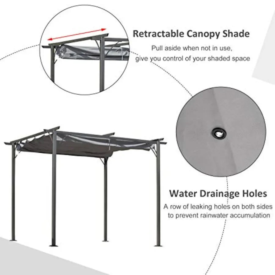 10' x 10' Outdoor Retractable Pergola  Metal Patio Shade Shelter for Backyard Porch Party Garden Grill Gazebo Gray