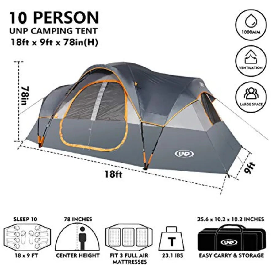 Camping Tent 10-Person-Family Tents, Parties, Music Festival Tent, Big, Easy Up, 5 Large Mesh Windows, Double Layer, 2 Room, Wa
