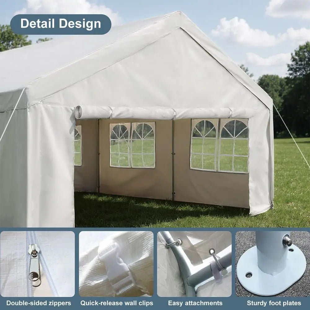 Tente de réception 10'x20' robuste pour extérieur, abri de voiture avec parois latérales amovibles, abri événementiel blanc pour mariages ou fêtes